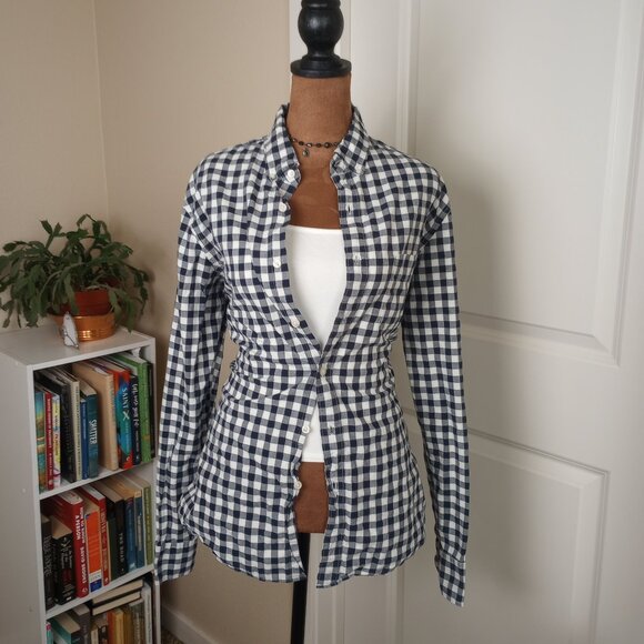 Y2K J.Crew gingham button up navy white check slim fit organic cotton M - Picture 1 of 7